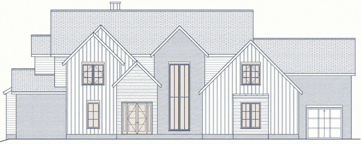 Front elevation drawing of a GCG-designed custom home with board-and-batten gables, brick, a two-story window and a double front door