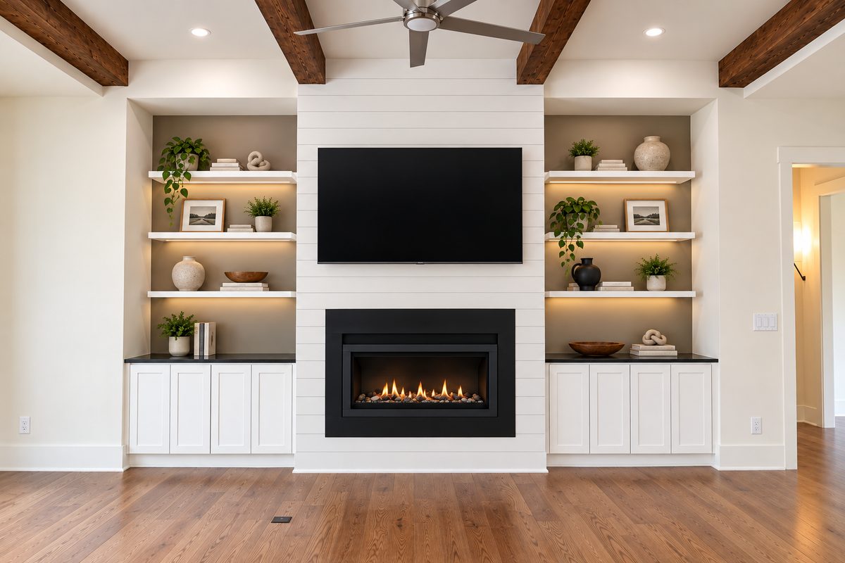 Family room with fireplace, TV wall built-ins and wood beams, Penhurst new custom home, Roswell, GA
