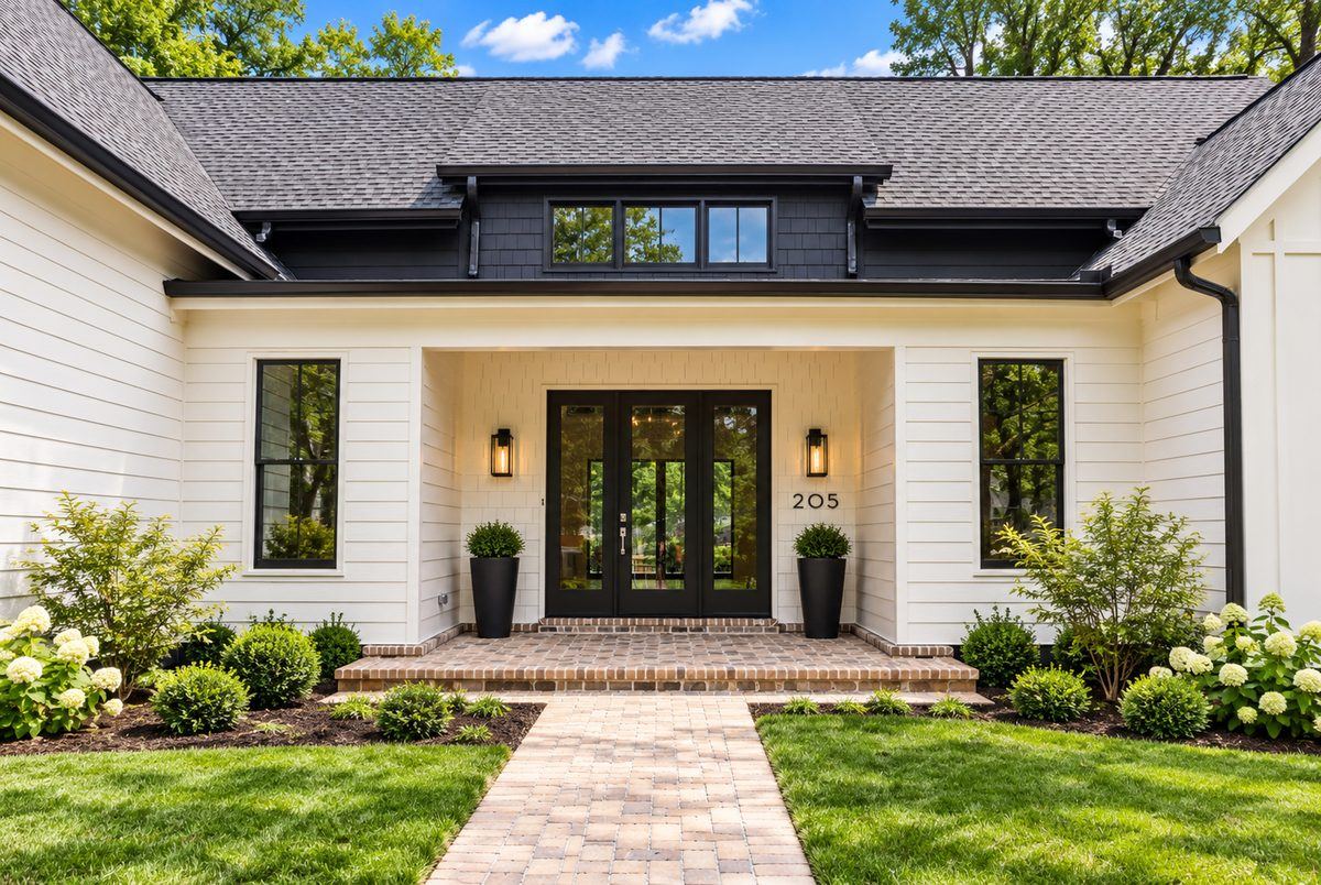 Front porch with black entry doors and paver walk at the Penhurst new custom home by GCG Home Builders in Roswell, GA