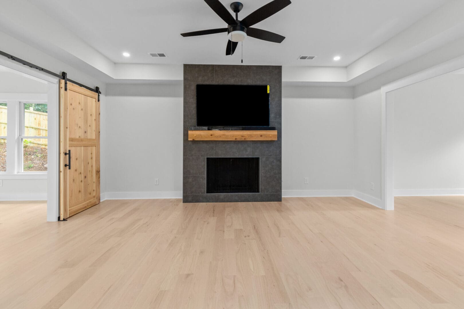 Modern living room with fireplace and tv.
